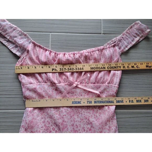 Vtg 90's Y2K Milkmaid Babydoll Floral Off-Shoulder Dress Bow 3/4 Hipnotix - Picture 5 of 9